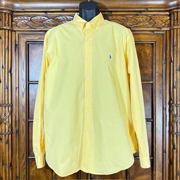 Ralph Lauren Polo Yellow Blue Pony Classic Fit 100% Cotton Button Down Shirt - Picture 1 of 9
